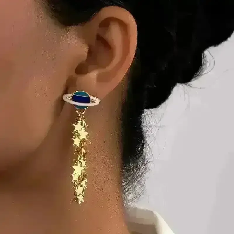 Boho 14K Gold-Plated Planet & Star Tassel Earrings