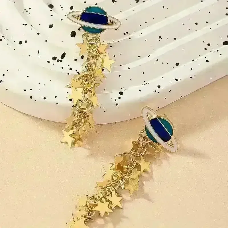 Boho 14K Gold-Plated Planet & Star Tassel Earrings - Image 2