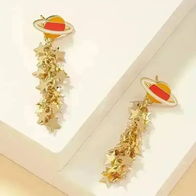 Boho 14K Gold-Plated Planet & Star Tassel Earrings - Image 3