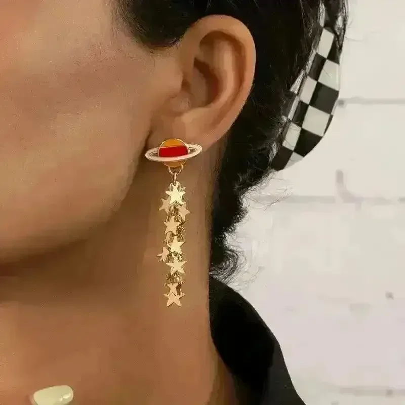 Boho 14K Gold-Plated Planet & Star Tassel Earrings - Image 4