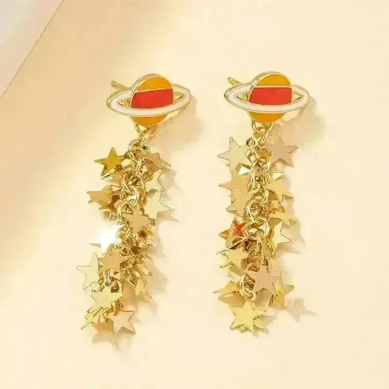 Boho 14K Gold-Plated Planet & Star Tassel Earrings - Image 5