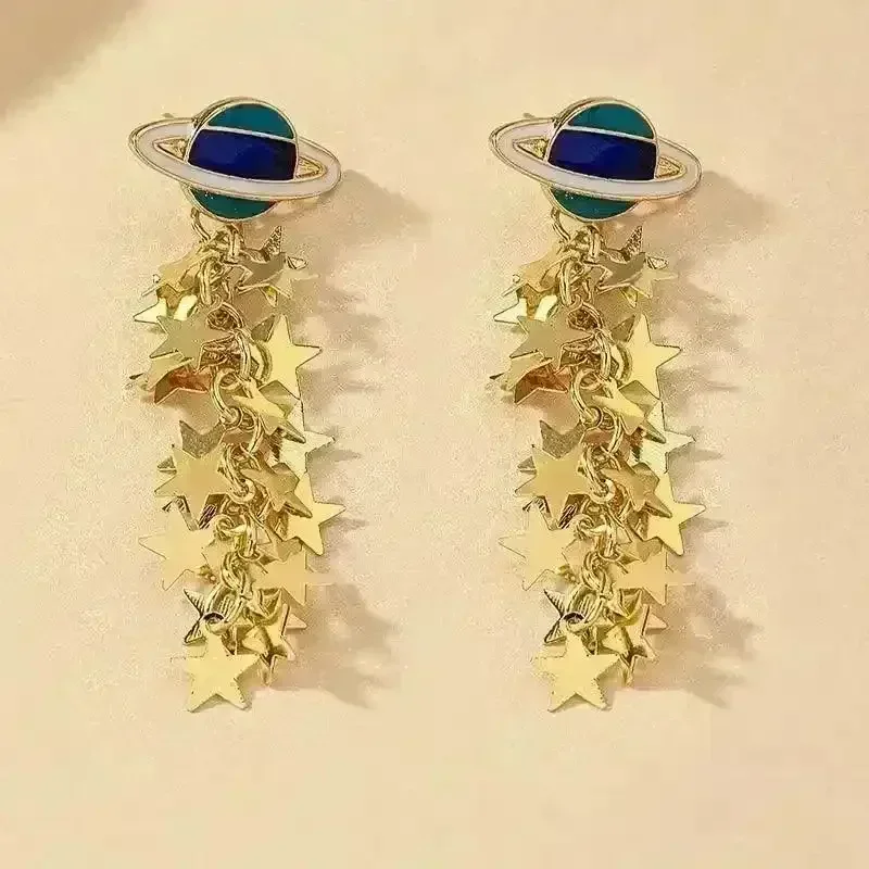 Boho 14K Gold-Plated Planet & Star Tassel Earrings - Image 6
