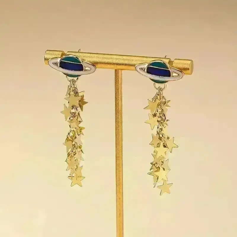 Boho 14K Gold-Plated Planet & Star Tassel Earrings - Image 7