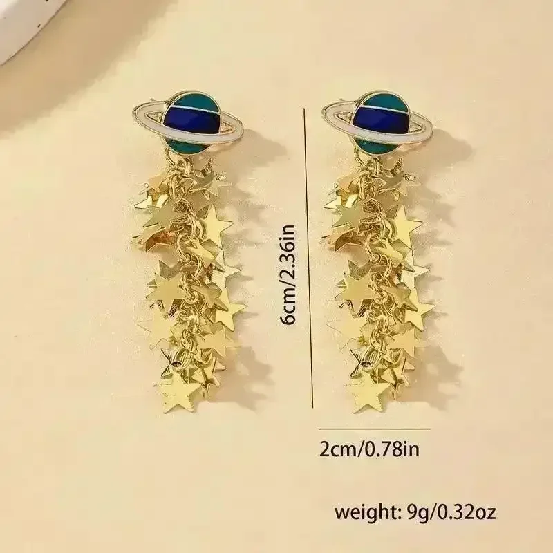 Boho 14K Gold-Plated Planet & Star Tassel Earrings - Image 8