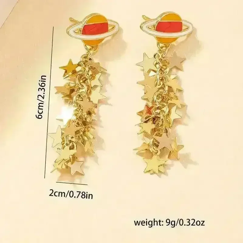 Boho 14K Gold-Plated Planet & Star Tassel Earrings - Image 9