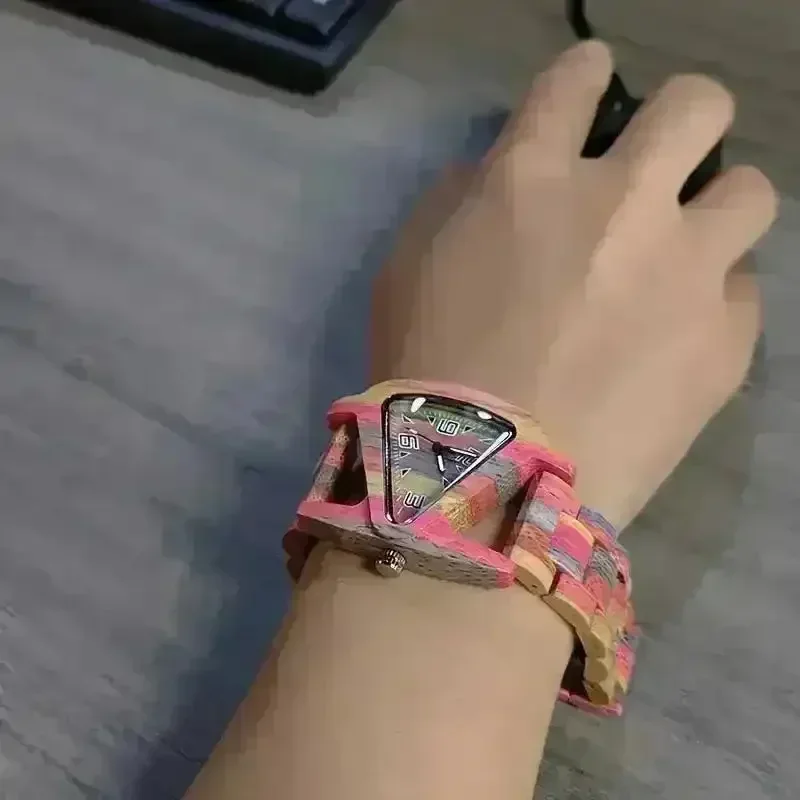 Colorful Triangle Wooden Quartz Watch - Image 3