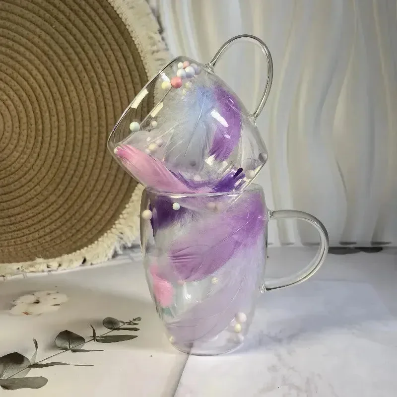 Creative Feather Embedded Glass Mugs - Image 3