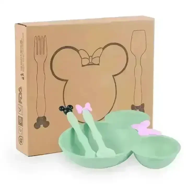 Cute Bamboo Fibre Mickey & Minnie Plate with Cutlery - Image 14