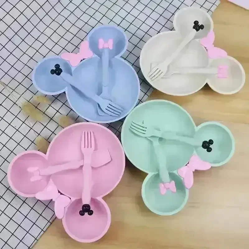 Cute Bamboo Fibre Mickey & Minnie Plate with Cutlery - Image 2