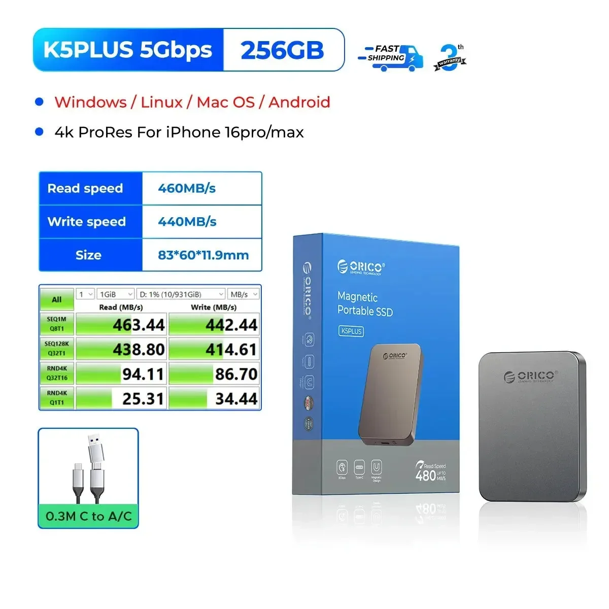 ORICO 5Gbps Portable Solid State Drive 480MB/s Magnetic External SSD for iPhone 16 15 Pro/Max ProRes 4K HDR Record and Store - Image 7