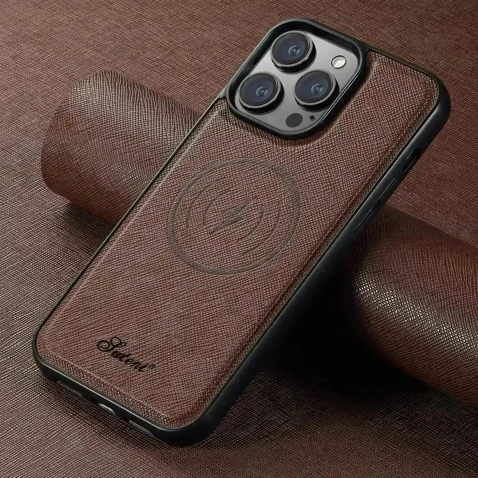 SUTENI Cross Pattern Magnetic Leather Case (For iPhones) - Image 2