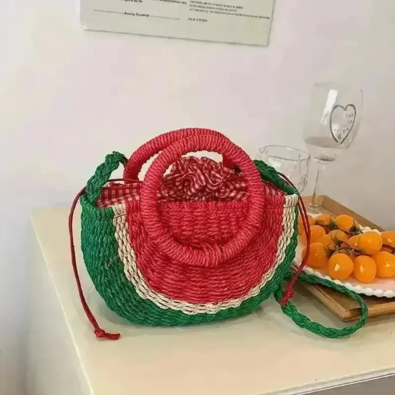 Watermelon Shaped Colorblock Straw Beach Bag - Image 5
