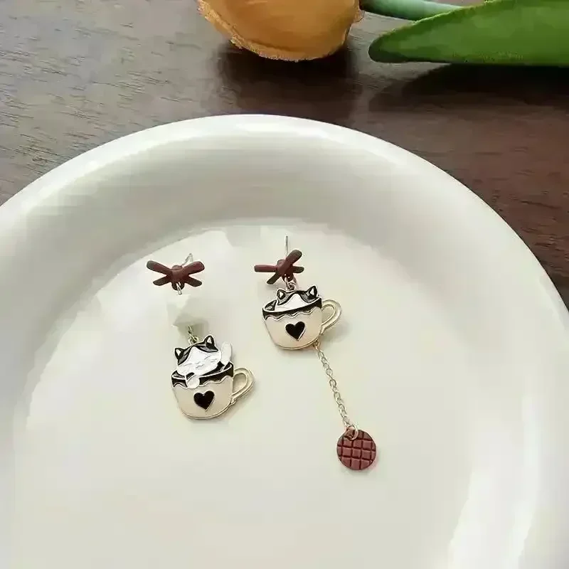 Whimsical Kitten Tea Cup Dangle Earrings - Image 2